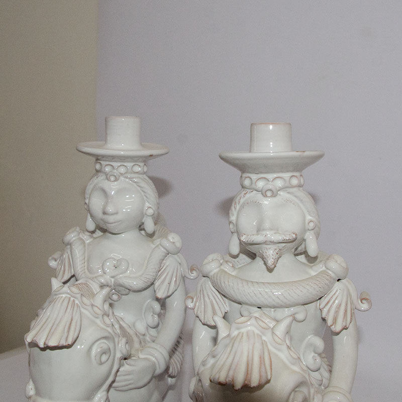 Coppia Cavalieri Porta Candela Bianco 30cm